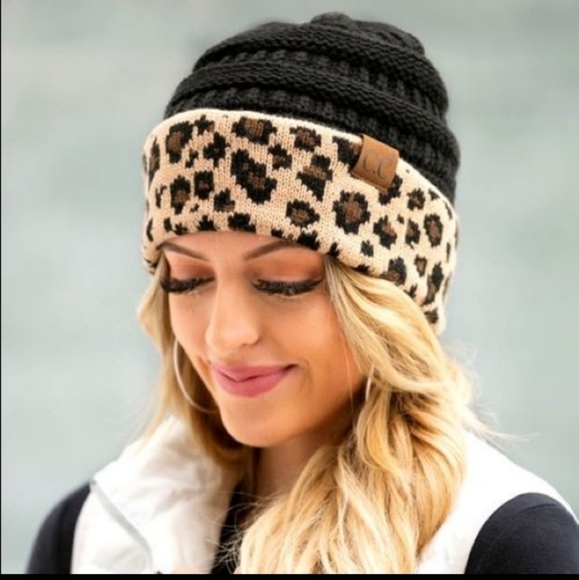 Warm and cozy C.C. black with leopard print winter beanie hat. - Picture 3 of 8